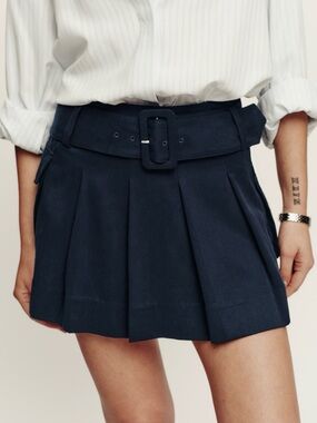 Reformation Navy Belted Pleated Cargo Skirt